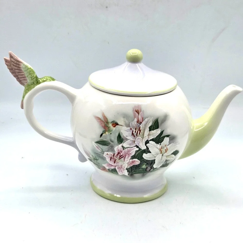 Teleflora Hummingbird and Lillies Teapot By Lena Liu Porcelain Tea Pot w/ Lid